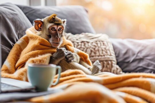 A cute monkey on the couch with a blanket on the background of a coffee mug.
