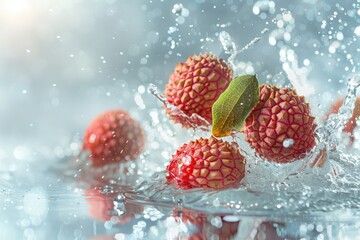 Fresh lychees in water with bubbles on a white background. - obrazy, fototapety, plakaty