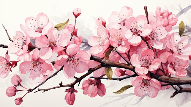 Beautiful Watercolor cherry blossom branch and sakura cherry pink flower illustration isolated on white background