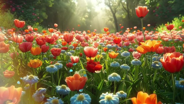 Sunlit Garden Abloom with Flowers and Fluttering Butterflies. Nature Background Video. Generative AI