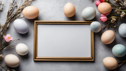 Top view of Easter eggs with invitation mockup on grey background 