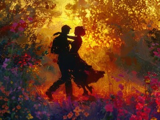 Romantic Silhouette of a Couple Dancing in a Dreamy Sunset Garden