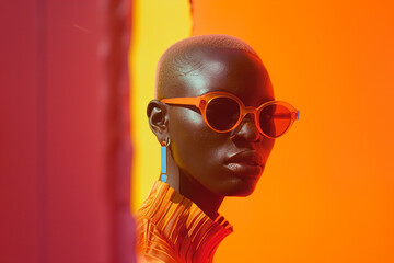 Fashion model wearing extravagant clothes and sunglasses. - obrazy, fototapety, plakaty