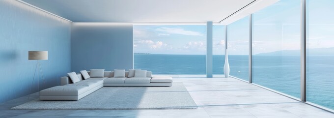 Fototapeta na wymiar Panorama of a minimalist living room with floor-to-ceiling windows facing the sea, light blue walls and a white ceiling