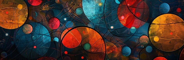 A painting featuring numerous circles in a variety of vibrant colors overlapping and intersecting on a canvas.