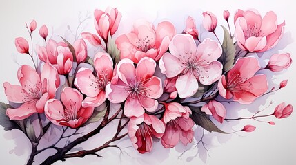 Beautiful Watercolor cherry blossom branch and sakura cherry pink flower illustration isolated on white background