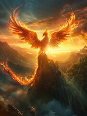 Majestic Phoenix Reborn in Fiery Splendor at Sunset