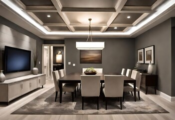 A dramatic flush ceiling with a coffered design and accent lighting, adding depth and visual interest to the room - obrazy, fototapety, plakaty