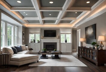 A dramatic flush ceiling with a coffered design and accent lighting, adding depth and visual interest to the room - obrazy, fototapety, plakaty