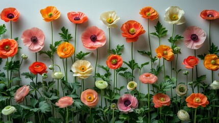 a bunch of flowers that are next to each other in front of a wall with leaves and flowers on it.