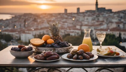 Close-up of a table with plates of fruit and dates. In the background a city at sunset.