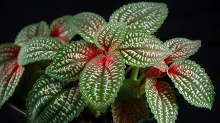 A ceramic vase houses a lush Fittonia with its green leaves and contrasting veins. Close-up of fittonia reveals the delicacy of the veins that run through its leaves.