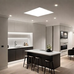 A modern flush ceiling design with recessed lighting, creating a seamless and stylish overhead feature.