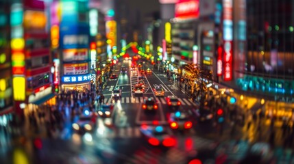 Tilt-shift photography of the Tokyo. Top view of the city in postcard style. Miniature houses, streets and buildings - obrazy, fototapety, plakaty