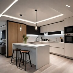 A modern flush ceiling design with recessed lighting, creating a seamless and stylish overhead feature.