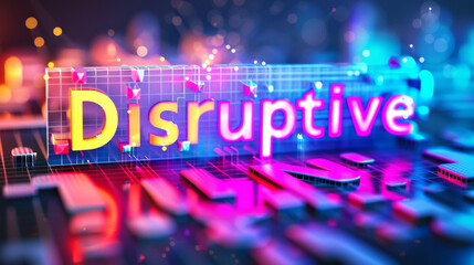 A person points at the word "Disruptive" written on a colorful background. The word stands out and catches attention.