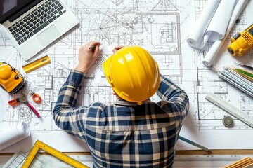 an engineer working on a housing project and drawing on paper, a Housing project drawing by an engineer, an engineer working on a construction project, a construction drawing by an engineer