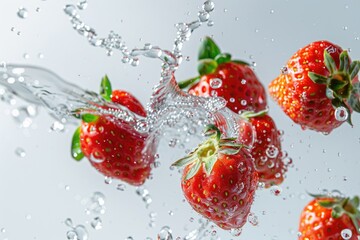 Strawberries falling into water with a splash, isolated on white background