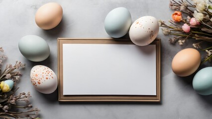 Top view of Easter eggs with invitation mockup on grey background 