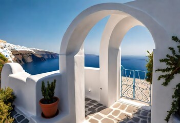 view of arched gate with a view to the sea beach living santorini island style - obrazy, fototapety, plakaty