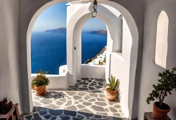 Fotobehang view of arched gate with a view to the sea beach living santorini island style © Muhammad Faizan