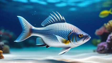 Naklejka premium Beautiful tropical fish. underwater scene with coral reefs and sun beams