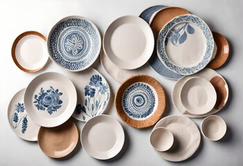 Obraz na płótnie Canvas Set of Ceramic Plates with sackcloth decorative textile on white background. Ceramic tableware, Beautiful arrangement.