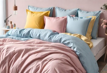 Elegant pastel pink, blue and yellow bedding on king size bed fashionable bedroom interior