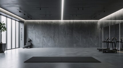 Frontal view of a modern fitness room with empty walls