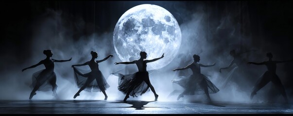 Ballet dancers on stage with a dramatic moon backdrop and atmospheric lighting.