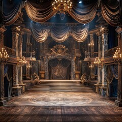 Elegant and ornate theater stage with velvet curtains and intricate golden details.
