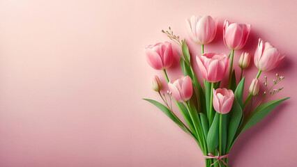 Pink tulips flowers on pink background