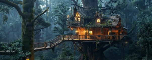 Fantastical treehouse with glowing lights nestled in an enchanted forest setting at twilight.