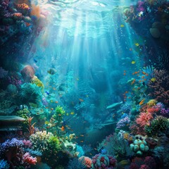 Underwater seascape with sunlight piercing through the surface, illuminating diverse coral reef and tropical fish.