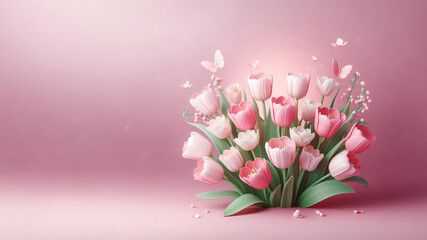 Fototapeta premium Pink tulips flowers on pink background