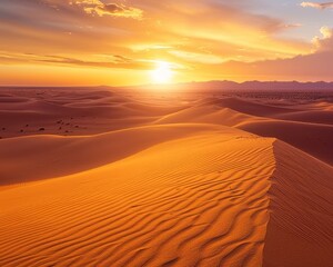 Fototapeta na wymiar Sunset over sand dunes with wavy patterns and distant mountains in a desert environment.