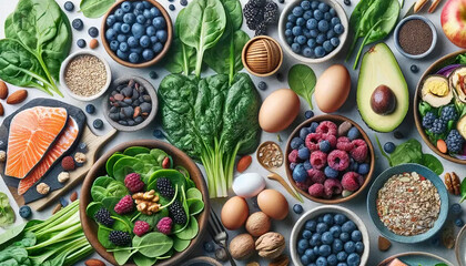 A spread of healthy superfoods with avocados, blueberries, eggs, apples, spinach, kale wallpaper