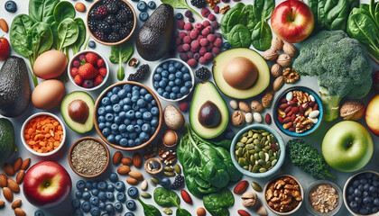 An overhead view of a colorful array of healthy superfoods. The image should include blueberries, avocados, spinach, kale, apples, eggs - Powered by Adobe