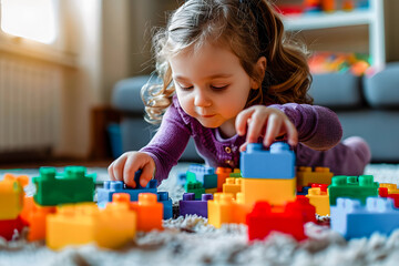 Petite fille jouant par terre dans sa maison avec un jeu de briques colorées
