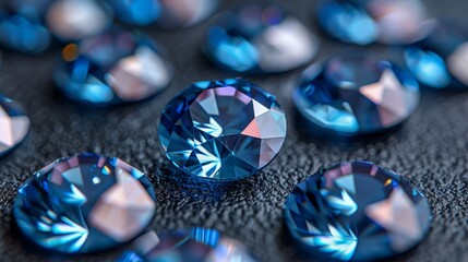 a group of blue diamonds sitting on top of a black surface with lots of other blue diamonds in the background.