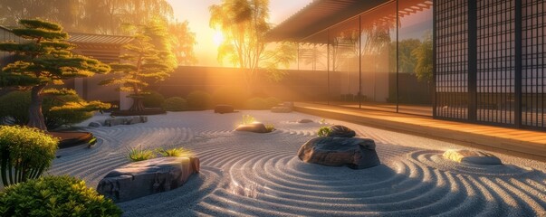 Traditional Japanese Zen garden with raked gravel, rocks, and bonsai trees during a misty sunrise. - obrazy, fototapety, plakaty