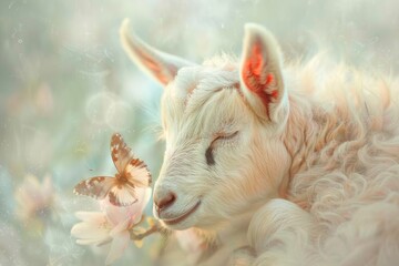 Amidst a field of blooming white flowers, a serene goat with snowy horns sleeps peacefully, a delicate butterfly perched on flowers, their forms bathed in the soft glow of the morning sun.