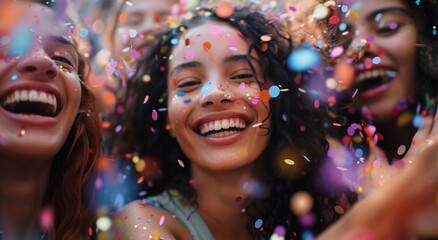 Cover with a girl in the background of the celebration. Open space. Confetti, holiday, party. Bright emotions, colors, joy. Concept of celebration, fair.