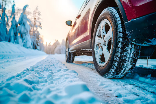 Gros plan sur pneu de voiture sur une route enneig&eacute;e