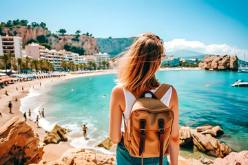 Femme voyageant avec un sac a dos, arrivant sur la plage