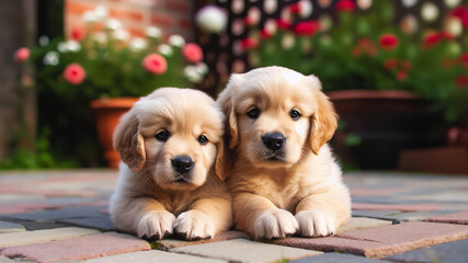 Two adorable puppies sit side by side on a paved pathway, their faces playfully obscured by beige censor bars