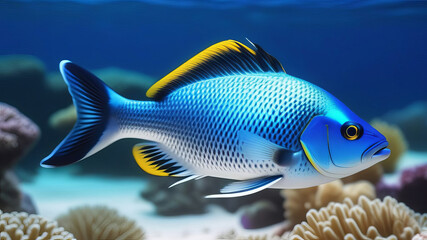 Beautiful tropical fish. underwater scene with coral reefs and sun beams