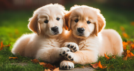 Two adorable puppies sit side by side on a paved pathway, their faces playfully obscured by beige censor bars