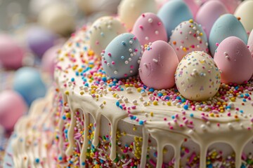 A decorated Easter cake adorned with intricate icing designs, sprinkles, and chocolate eggs - obrazy, fototapety, plakaty