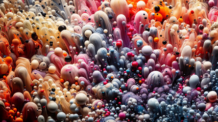 A vibrant, abstract collection of colorful, blob-like shapes and spheres
